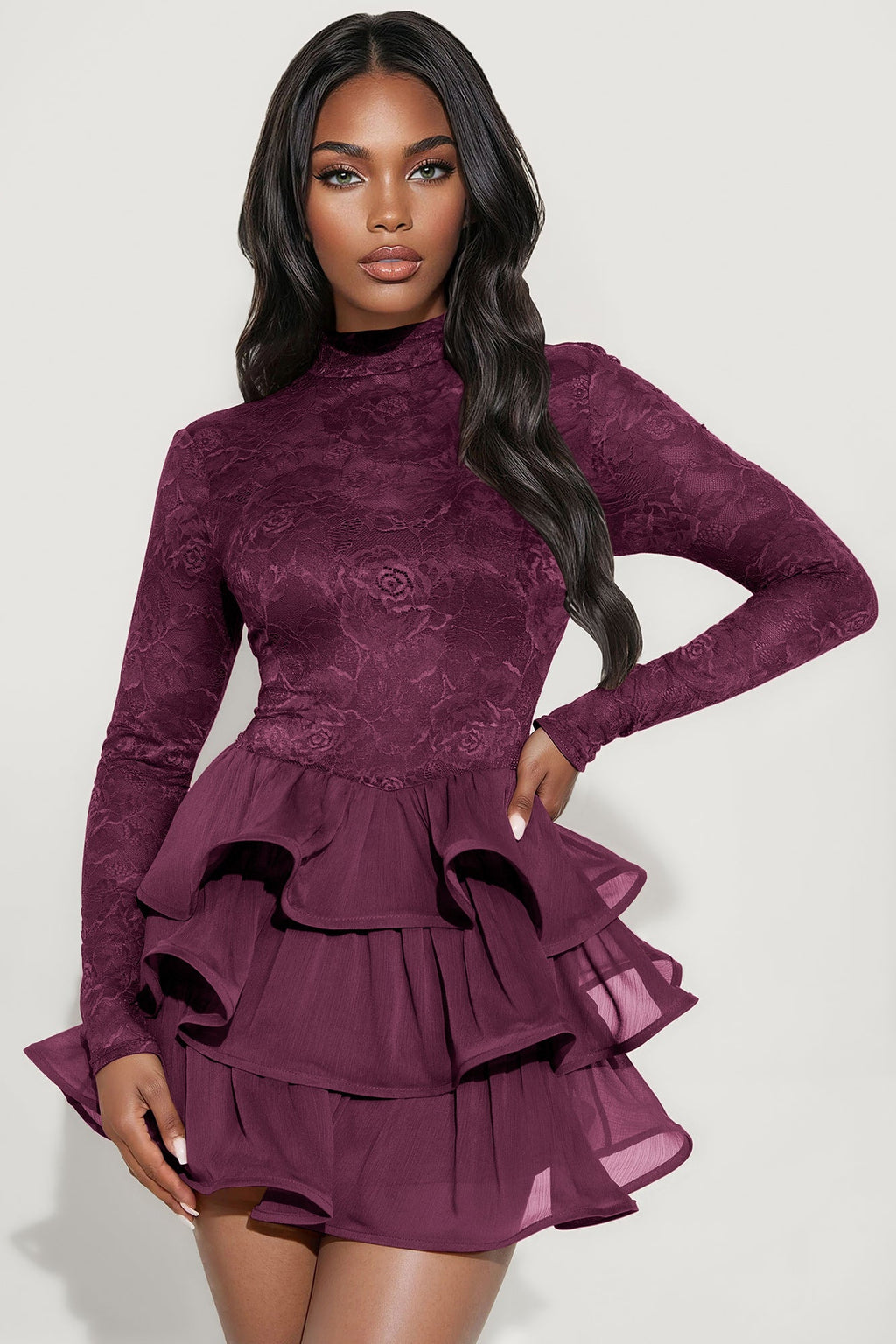 Emilia Ruffle Lace Mini Dress - Plum