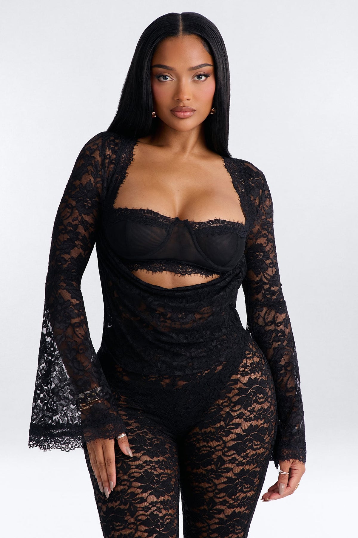 Dark Night Lace Long Sleeve Top - Black
