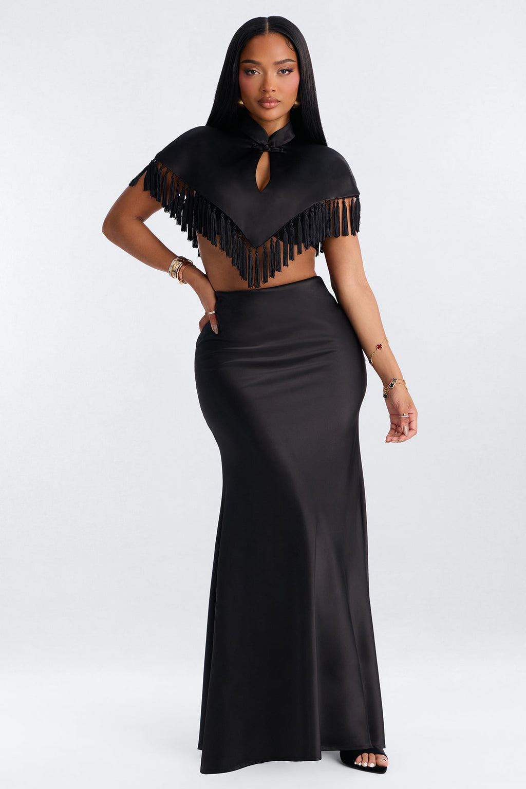 Polished Satin Tassel Maxi Skirt Set - Black