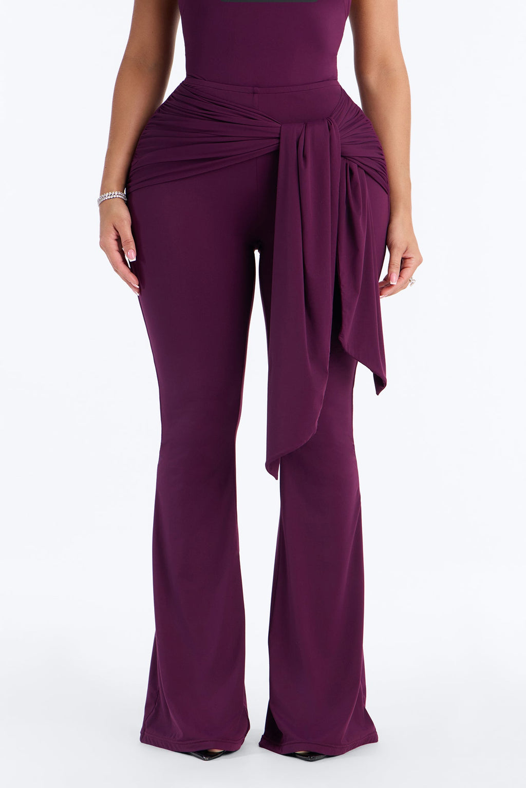 Second Skin Double Lined Tie Waist Flare Leg Pant - Purple
