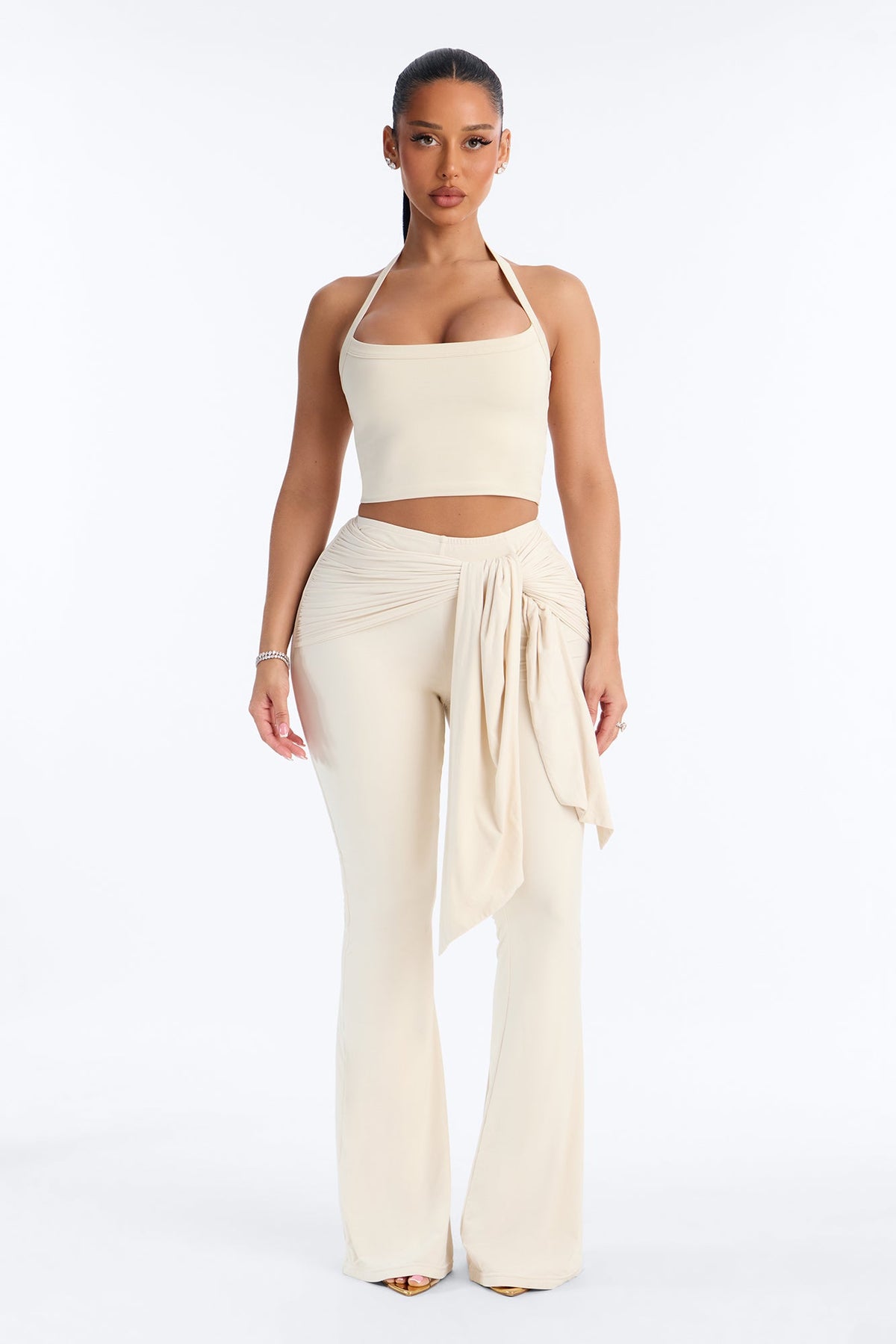 Second Skin Double Lined Tie Waist Flare Leg Pant - Bone
