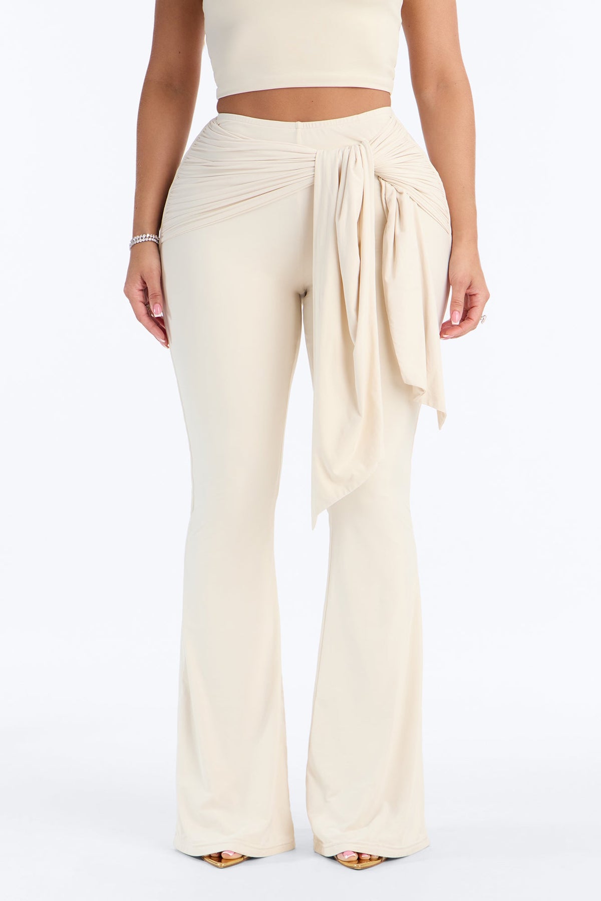Second Skin Double Lined Tie Waist Flare Leg Pant - Bone