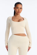 Seamless Smooth Double Lined Scoop Neck Long Sleeve Top - Bone