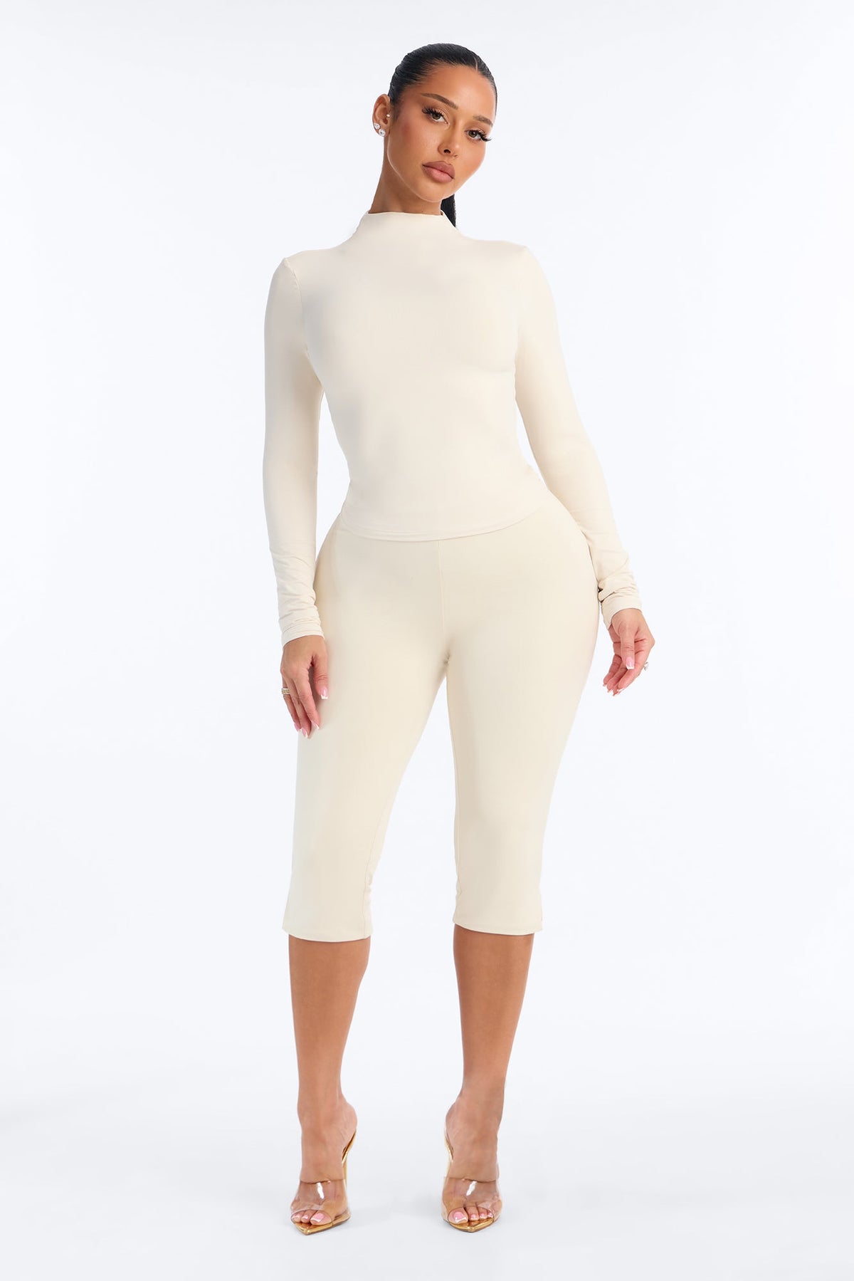 Second Skin Double Lined Mock Neck Long Sleeve Top - Bone