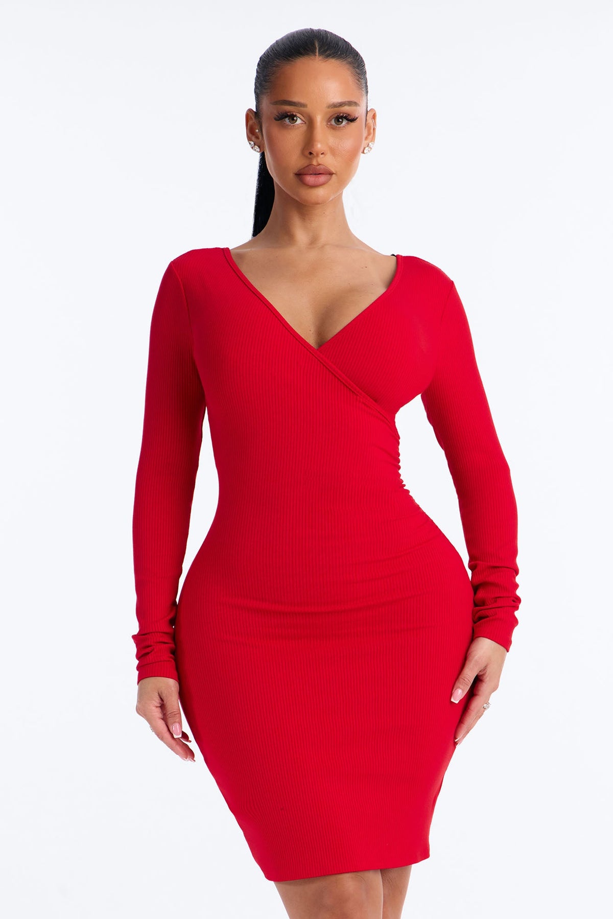 Demi Ruched Long Sleeve Snatched Mini Dress - Red