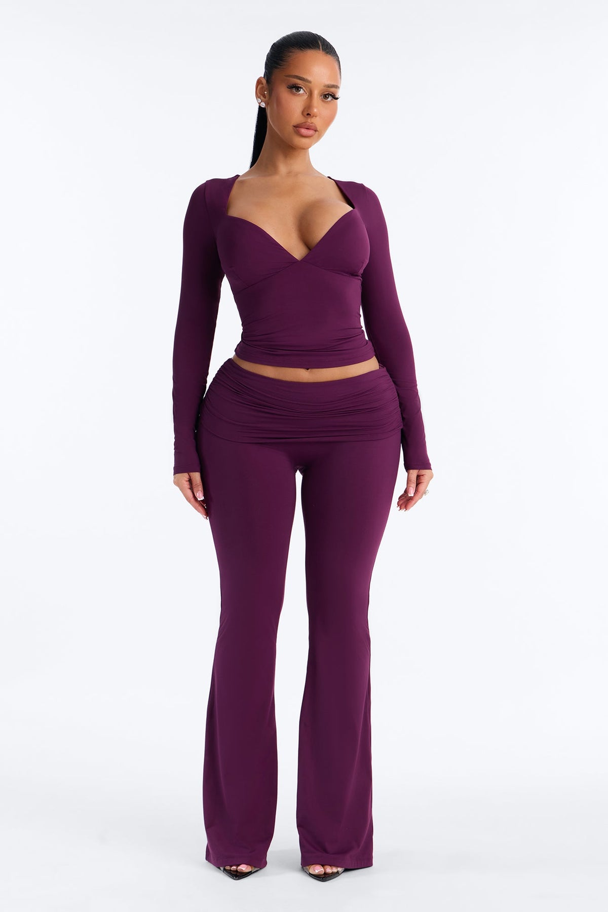 Second Skin Double Lined Ruched Foldover Flare Leg Pant - Purple