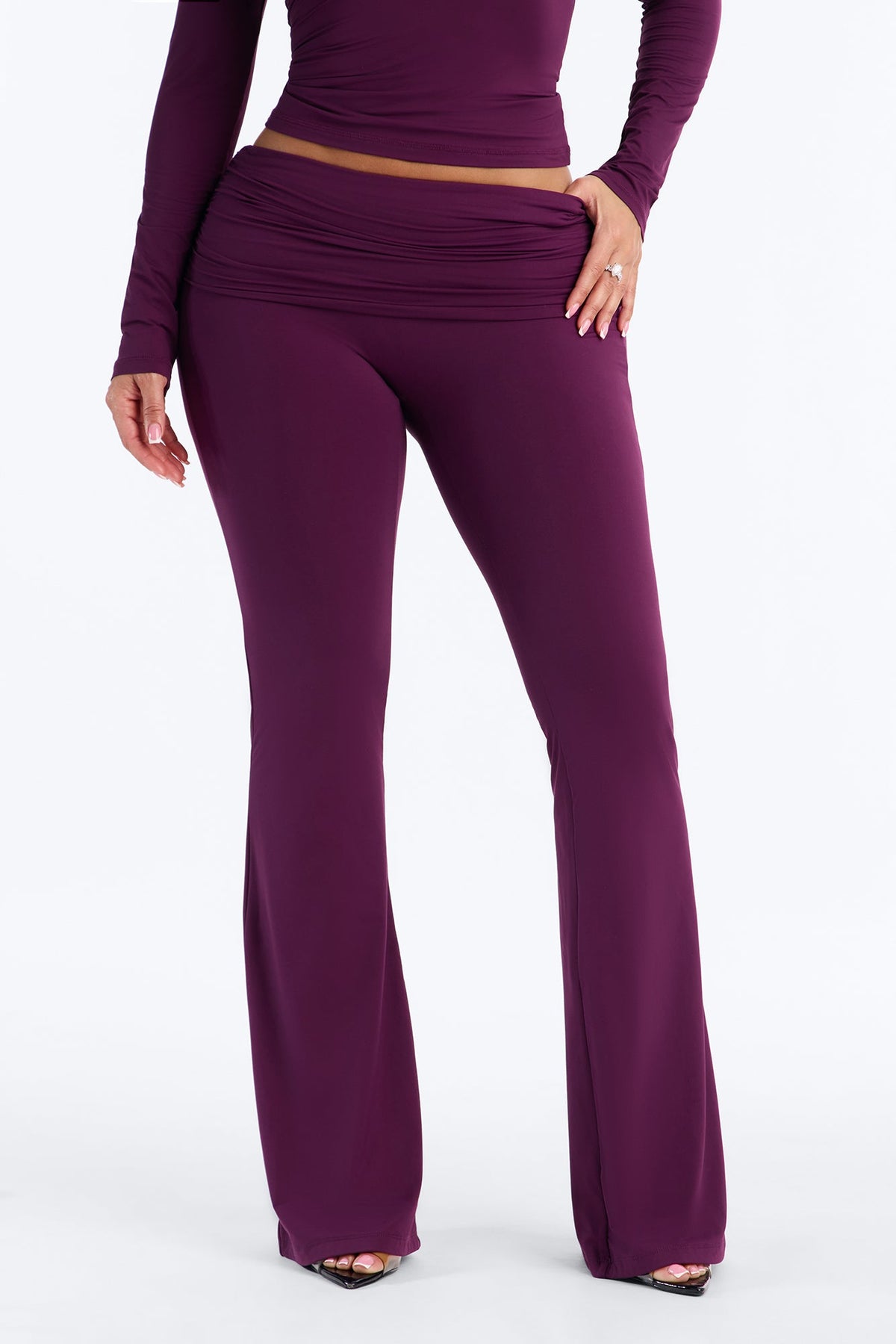 Second Skin Double Lined Ruched Foldover Flare Leg Pant - Purple