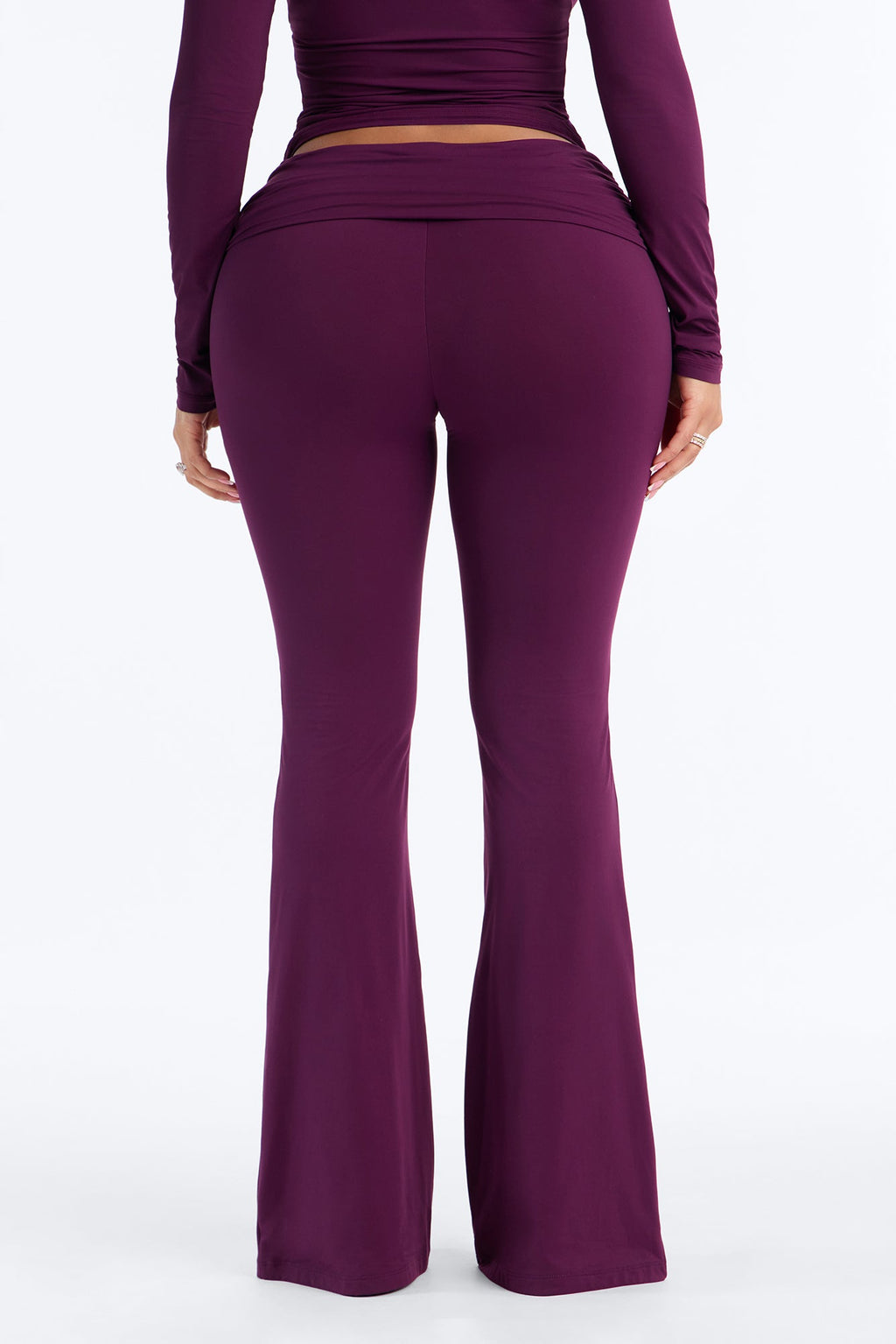 Second Skin Double Lined Ruched Foldover Flare Leg Pant - Purple