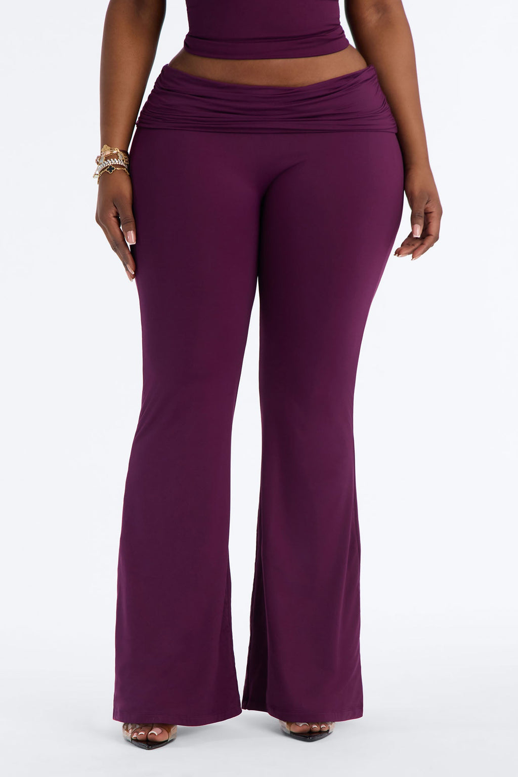 Second Skin Double Lined Ruched Foldover Flare Leg Pant - Purple