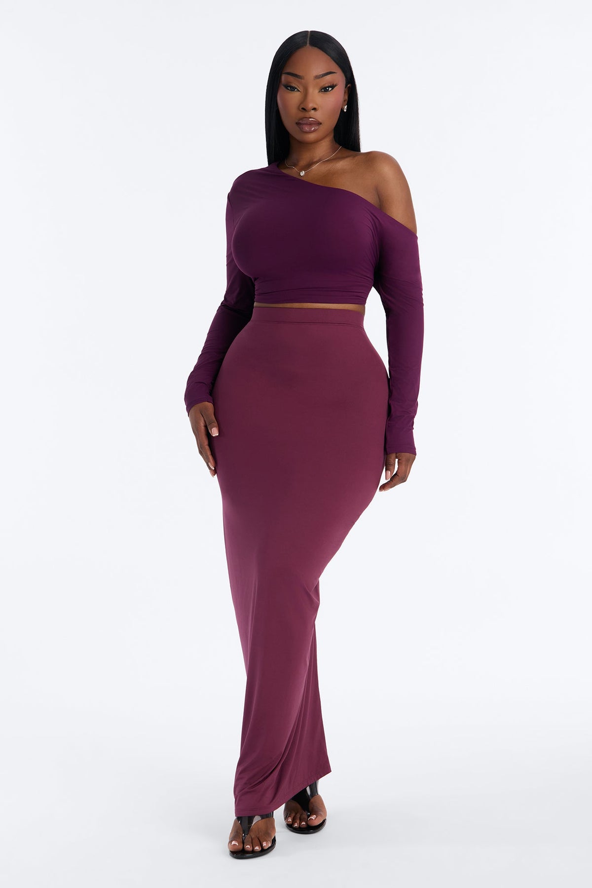 Second Skin Double Lined Off Shoulder Long Sleeve Top - Purple