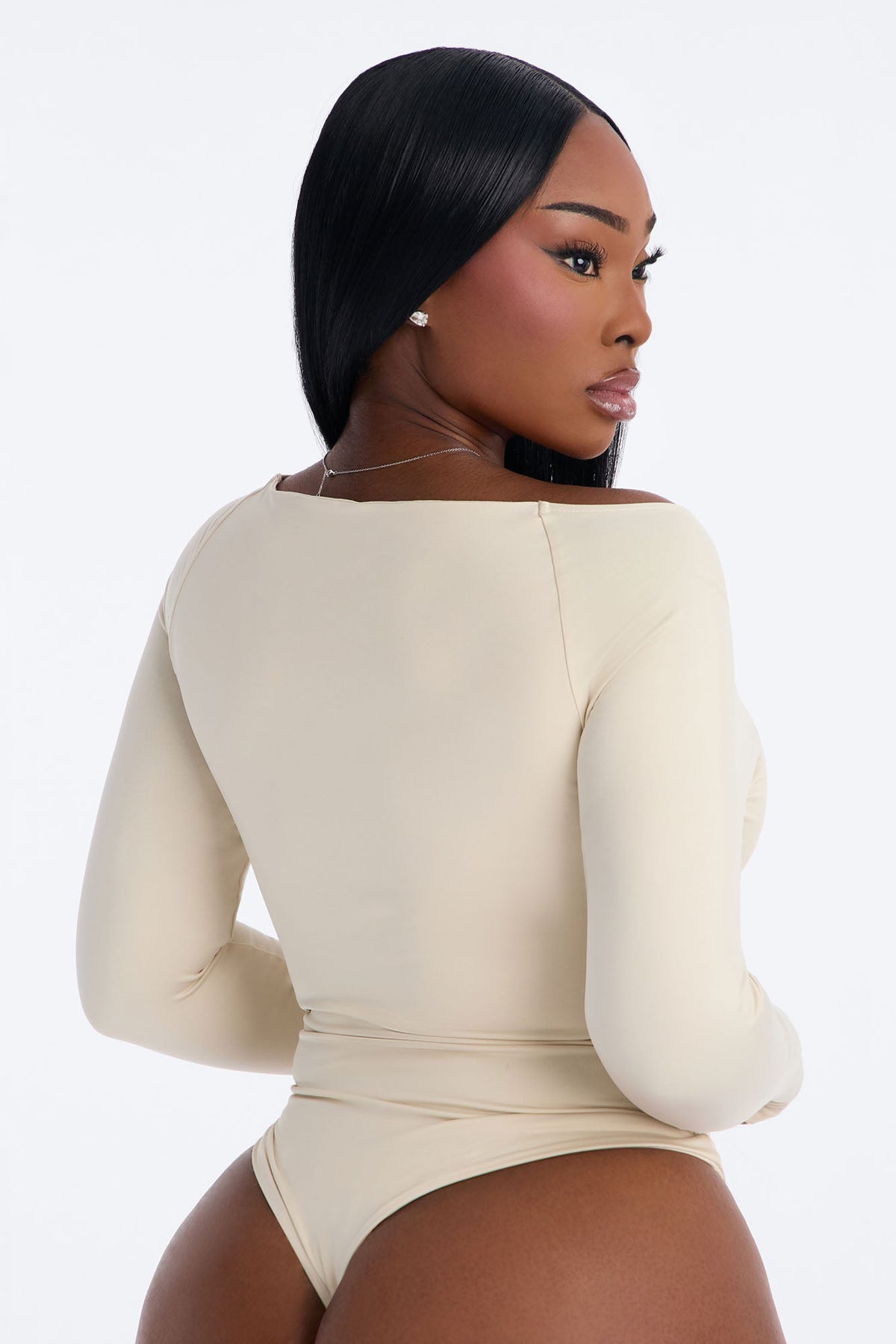Contour Double Lined Wide V-Neck Long Sleeve Bodysuit - Bone