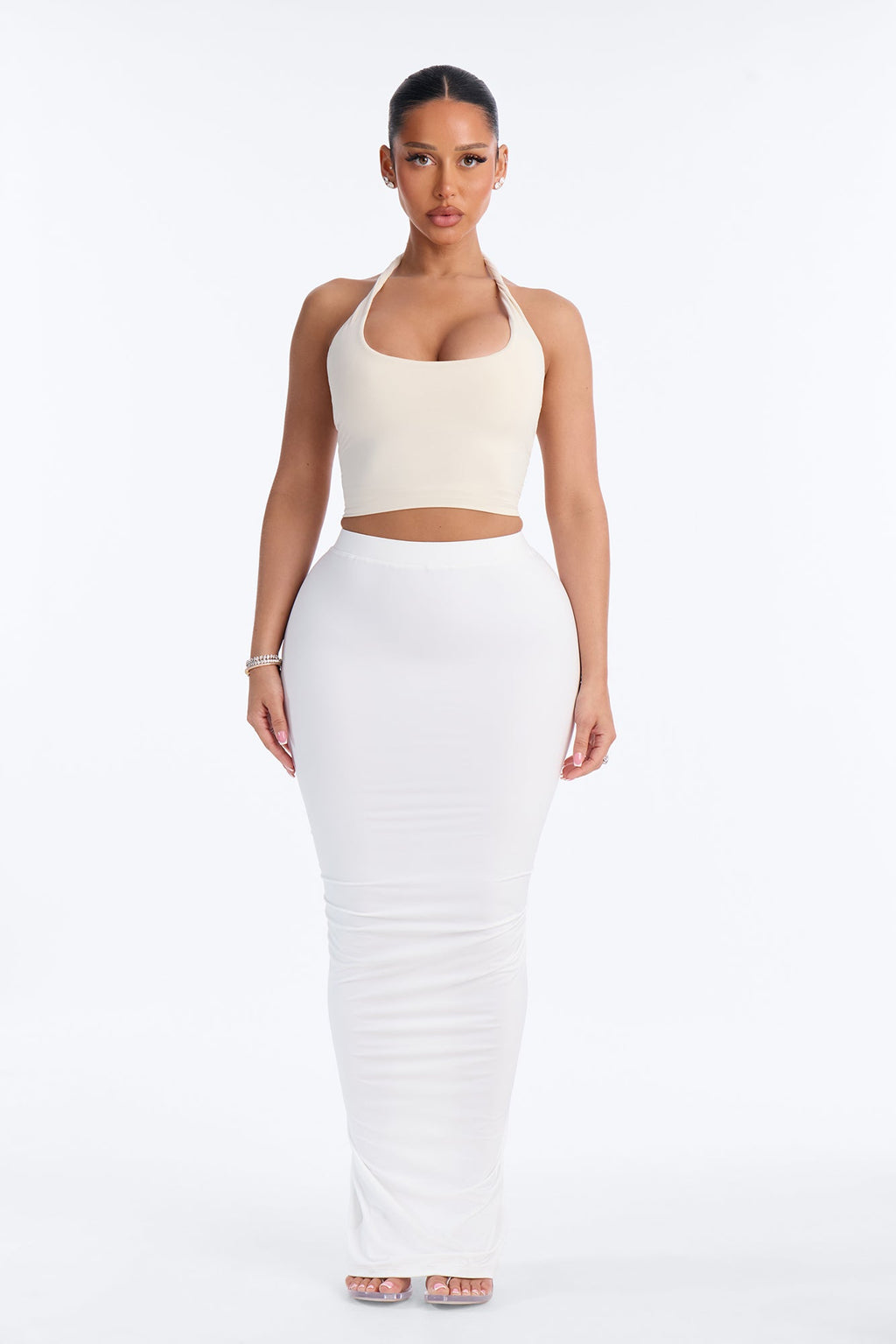 Second Skin Double Lined Ruched Back Slit Maxi Skirt - Bright White