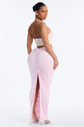 Second Skin Double Lined Ruched Back Slit Maxi Skirt - Light Pink