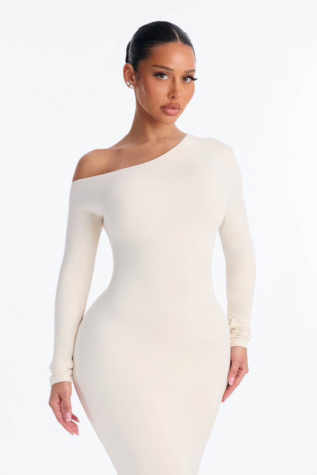 Second Skin Double Lined One Shoulder Long Sleeve Midi Dress - Bone