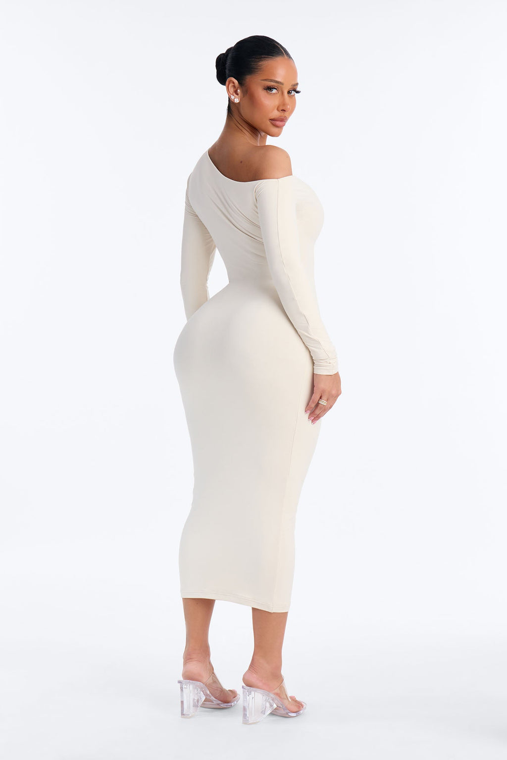 Second Skin Double Lined One Shoulder Long Sleeve Midi Dress - Bone