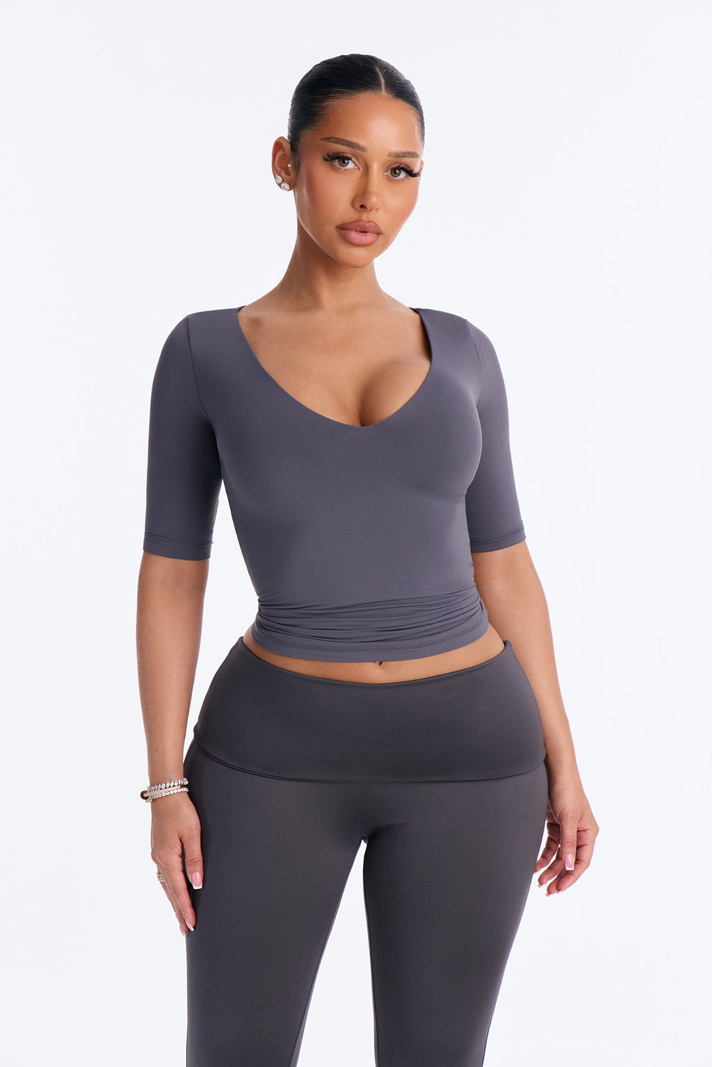 Second Skin Deep U Neck Elbow Sleeve Top - Charcoal
