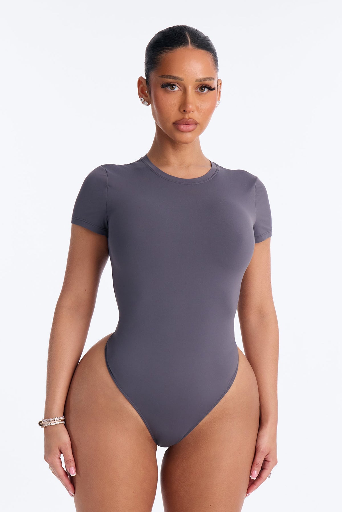 Second Skin Double Lined Crew Neck Short Sleeve Bodysuit - Charcoal