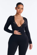 Second Skin Double Lined Lace Trim Long Sleeve Top - Black