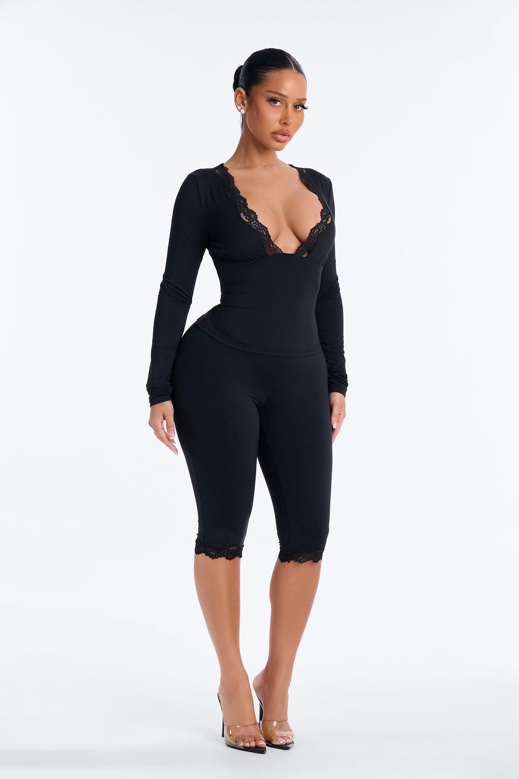 Second Skin Double Lined Lace Trim Long Sleeve Top - Black