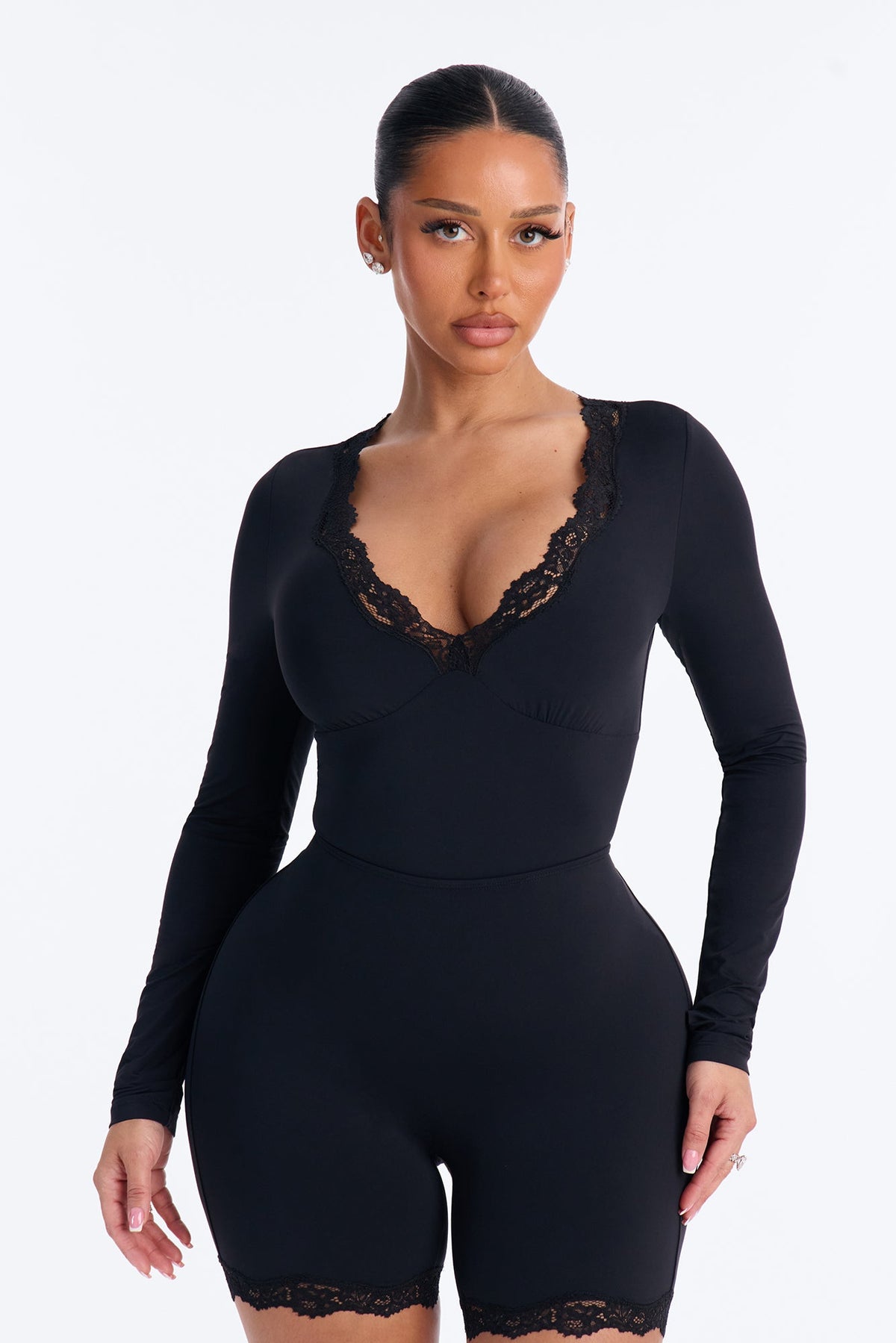 Second Skin Double Lined V-Neck Lace Trim Long Sleeve Bodysuit - Black