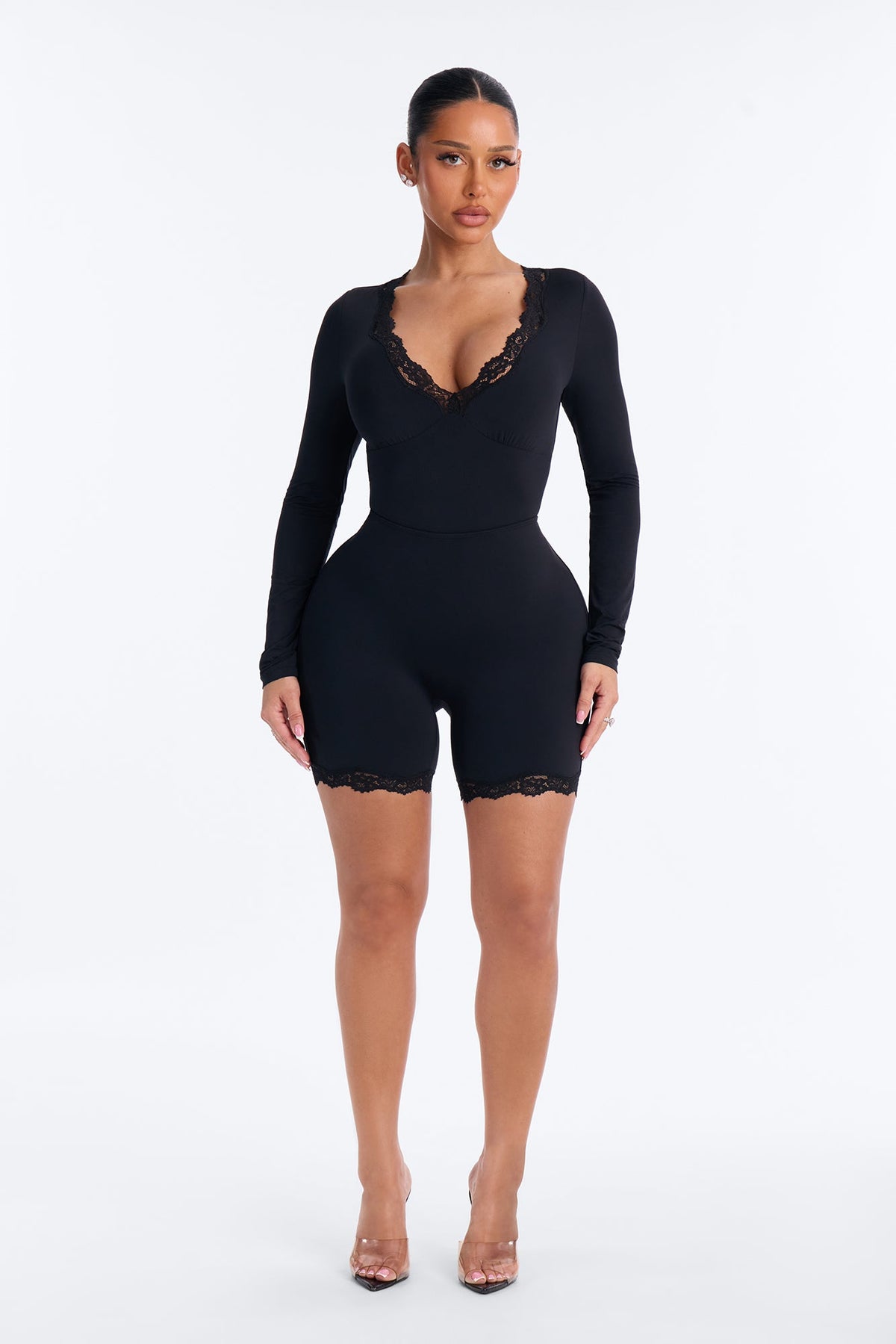 Second Skin Double Lined V-Neck Lace Trim Long Sleeve Bodysuit - Black