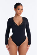 Second Skin Double Lined V-Neck Lace Trim Long Sleeve Bodysuit - Black