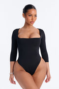 Contour Double Lined Square Neck 3/4 Sleeve Bodysuit - Black