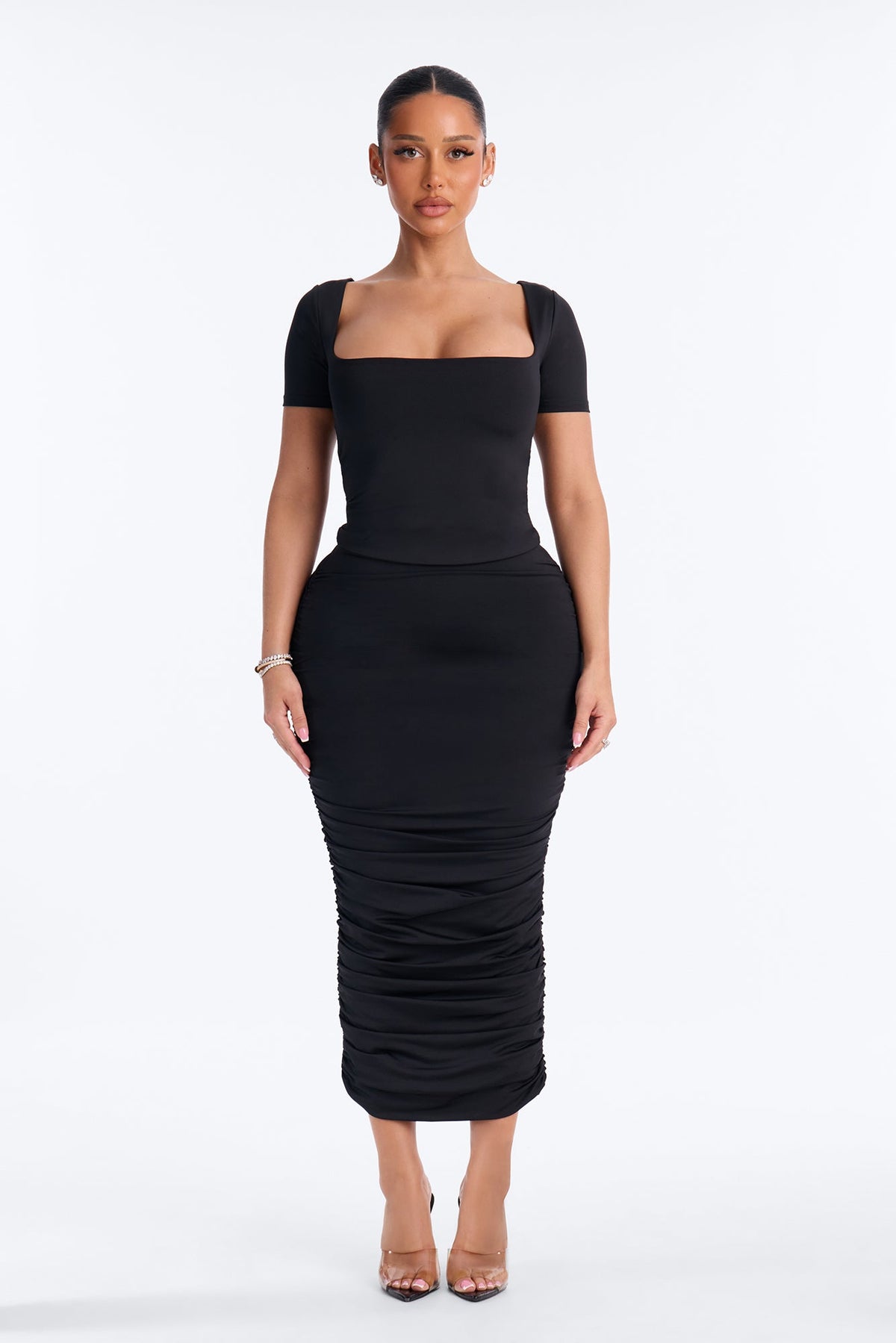 Contour Double Lined Ruched Midi Skirt - Black