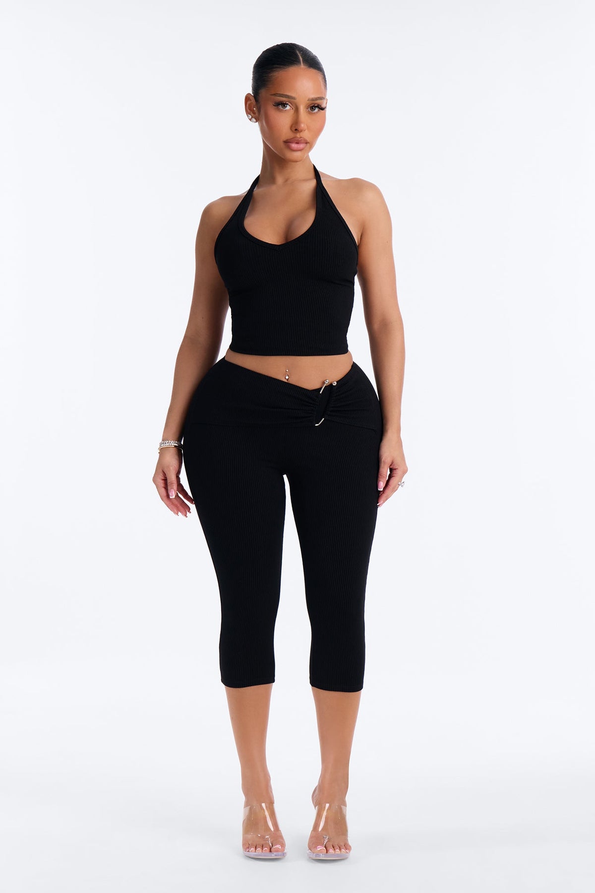 Ruby Snatched Hardware Cutout Capri Legging - Black