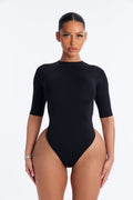 Seamless Smooth Double Lined Mock Neck Elbow Sleeve Bodysuit - Black