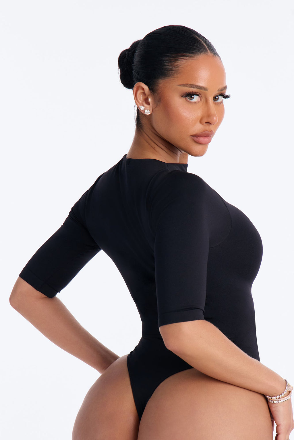Seamless Smooth Double Lined Mock Neck Elbow Sleeve Bodysuit - Black