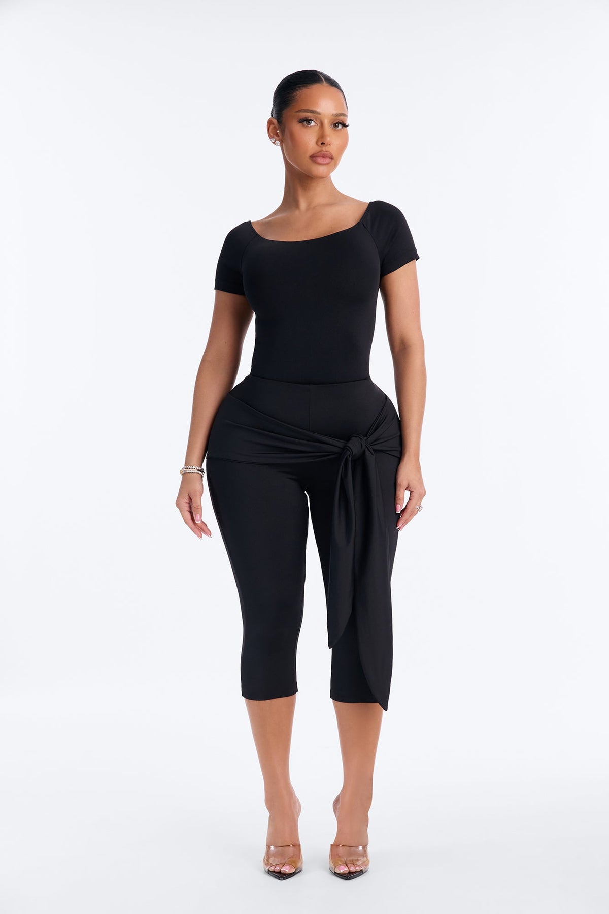 Seamless Smooth Double Lined Off Shoulder Short Sleeve Bodysuit - Black