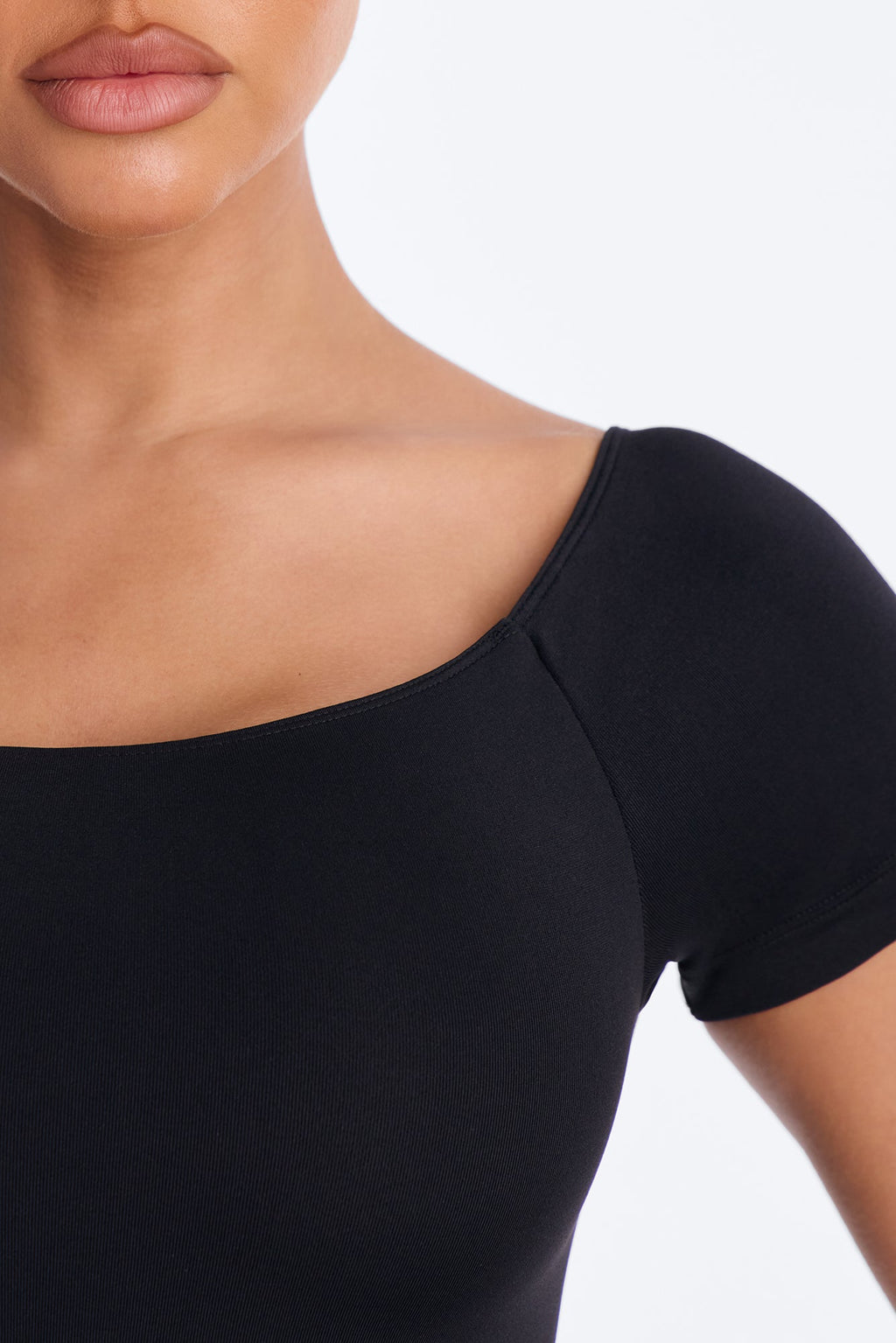 Seamless Smooth Double Lined Off Shoulder Short Sleeve Bodysuit - Black