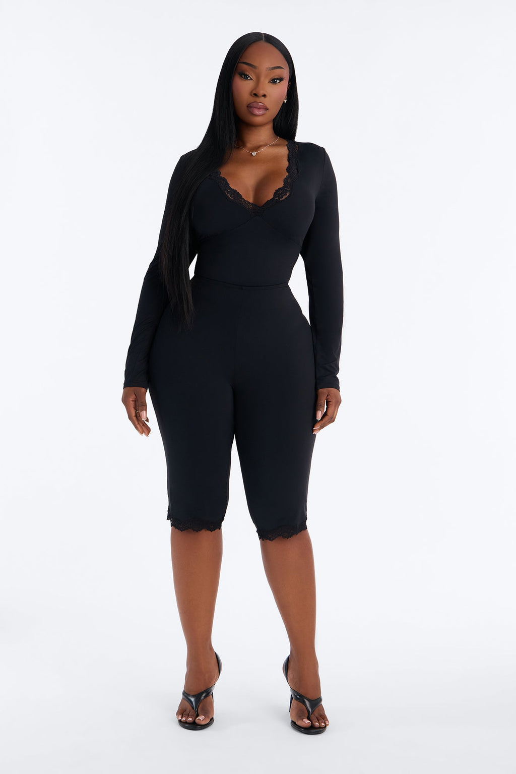 Second Skin Double Lined V-Neck Lace Trim Long Sleeve Bodysuit - Black