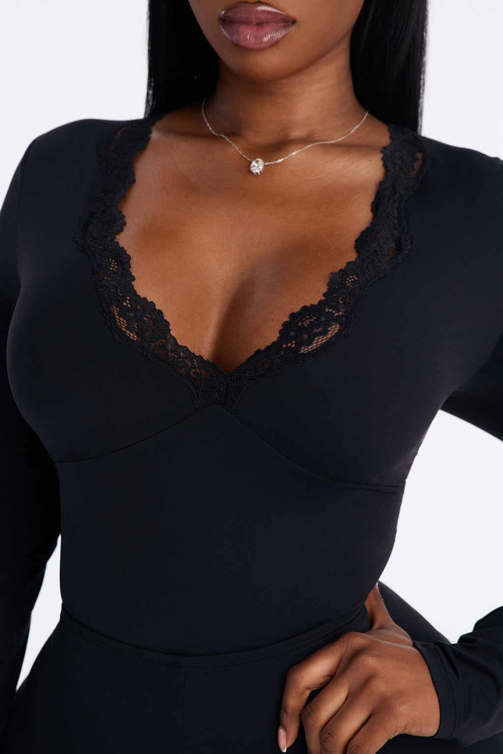 Second Skin Double Lined V-Neck Lace Trim Long Sleeve Bodysuit - Black