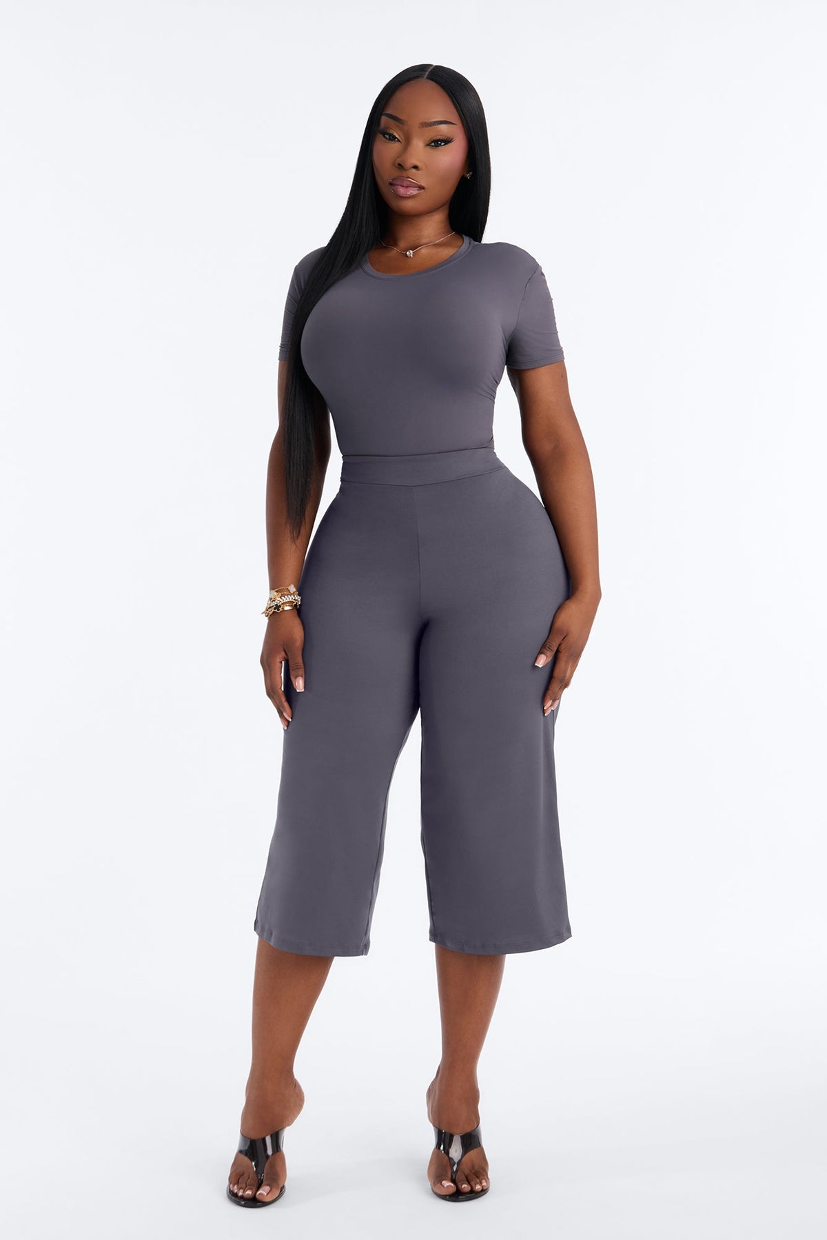 Second Skin Double Lined Crew Neck Short Sleeve Bodysuit - Charcoal