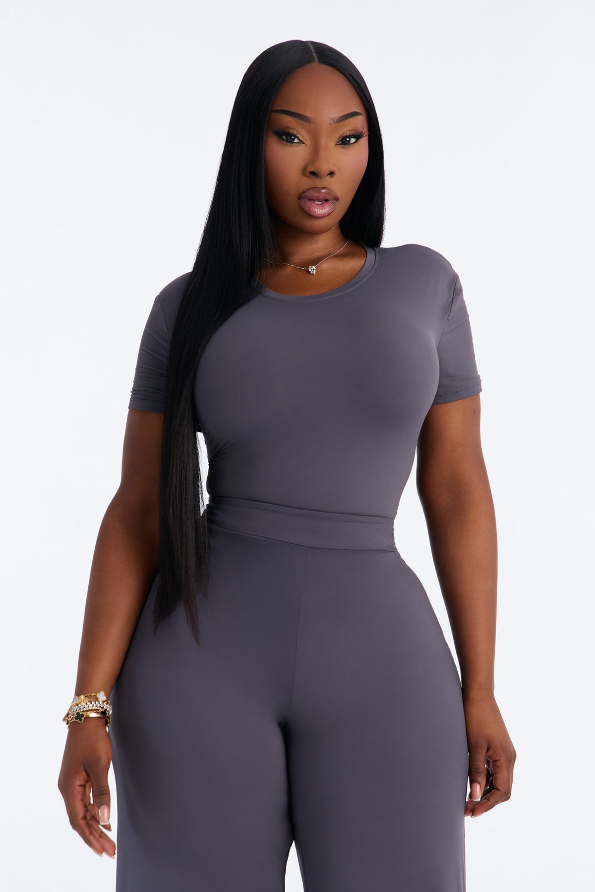 Second Skin Double Lined Crew Neck Short Sleeve Bodysuit - Charcoal