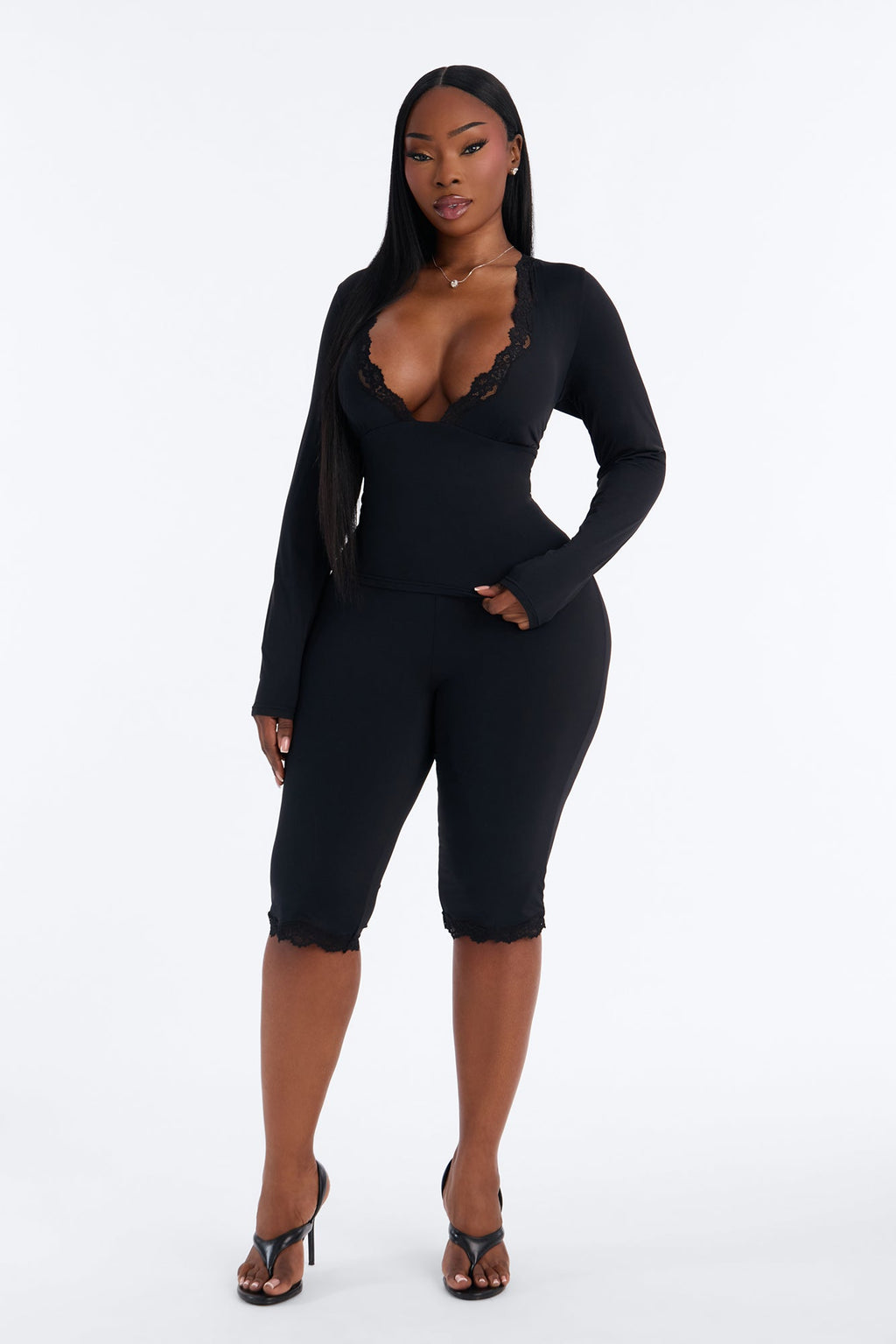 Second Skin Double Lined Lace Trim Long Sleeve Top - Black