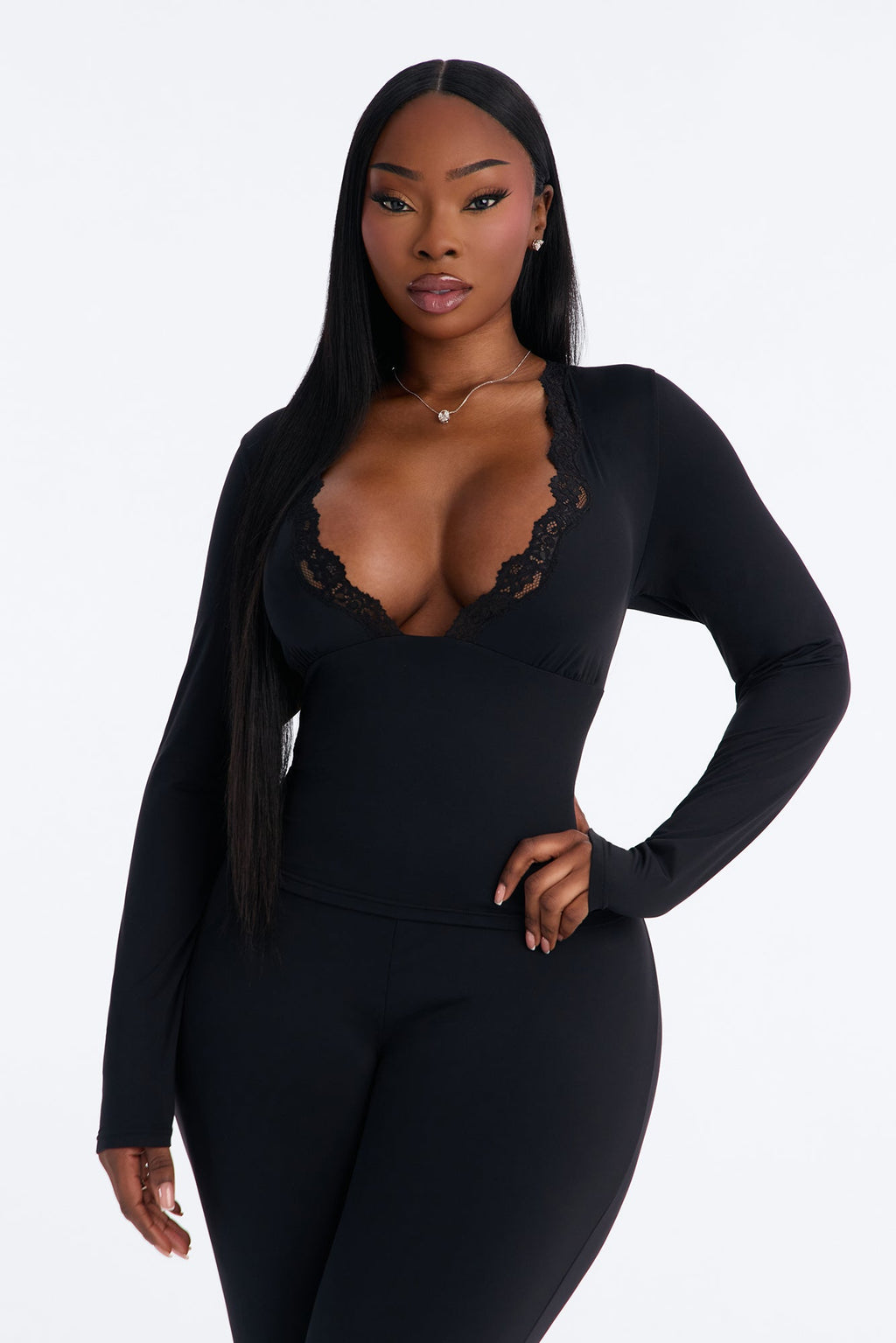 Second Skin Double Lined Lace Trim Long Sleeve Top - Black