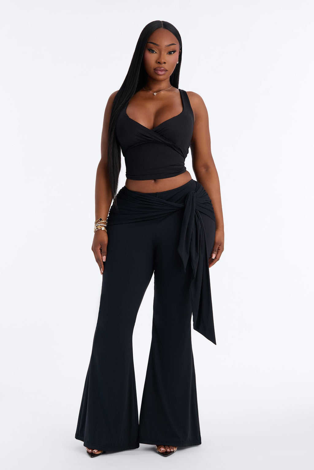 Second Skin Double Lined Tie Waist Flare Leg Pant - Black