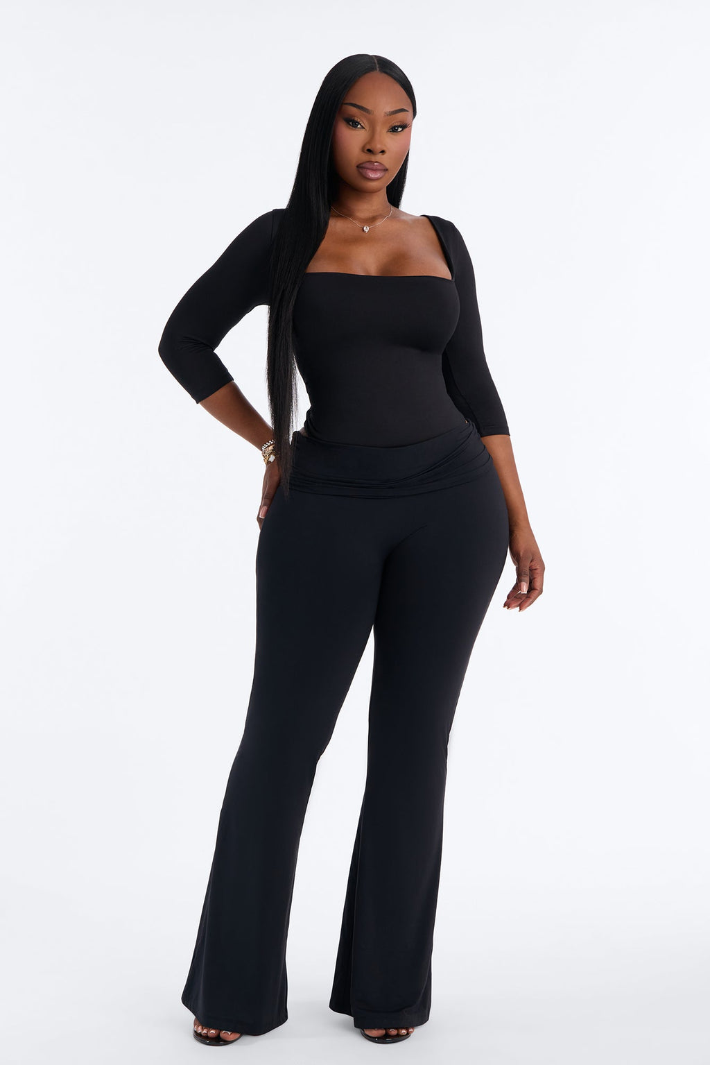 Contour Double Lined Square Neck 3/4 Sleeve Bodysuit - Black
