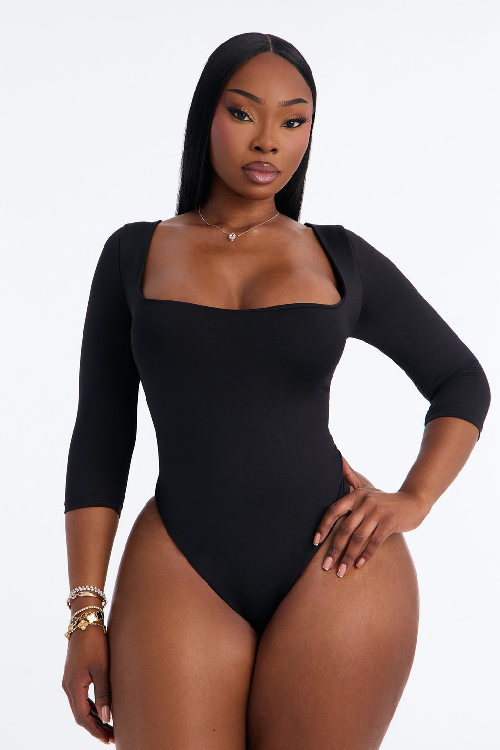 Contour Double Lined Square Neck 3/4 Sleeve Bodysuit - Black