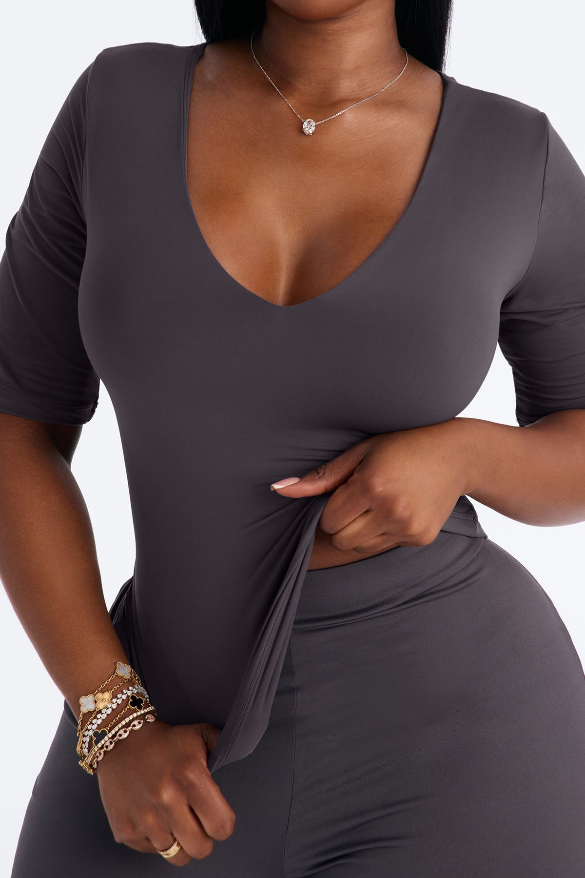 Second Skin Deep U Neck Elbow Sleeve Top - Charcoal