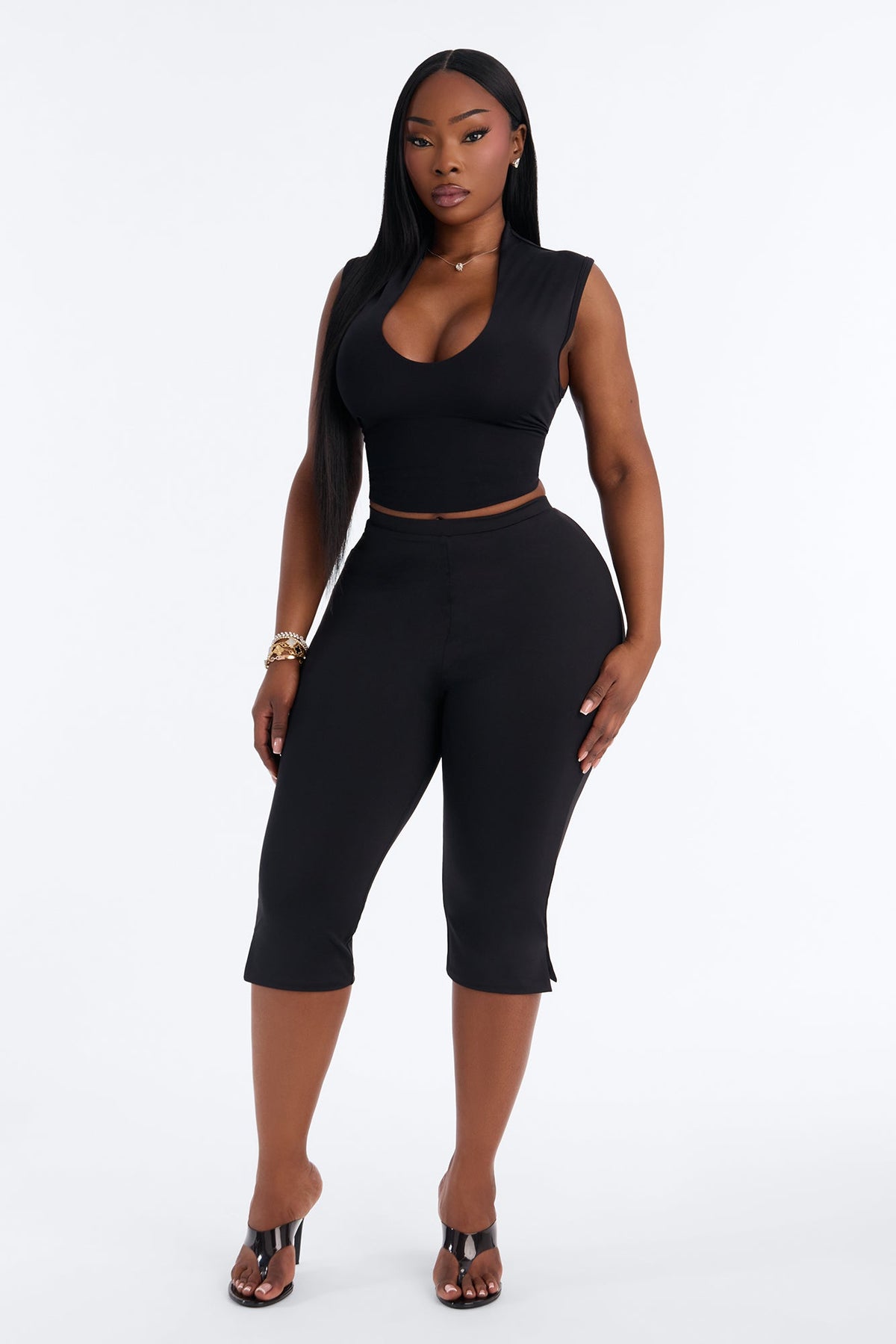 Contour Double Lined Split Hem Capri - Black