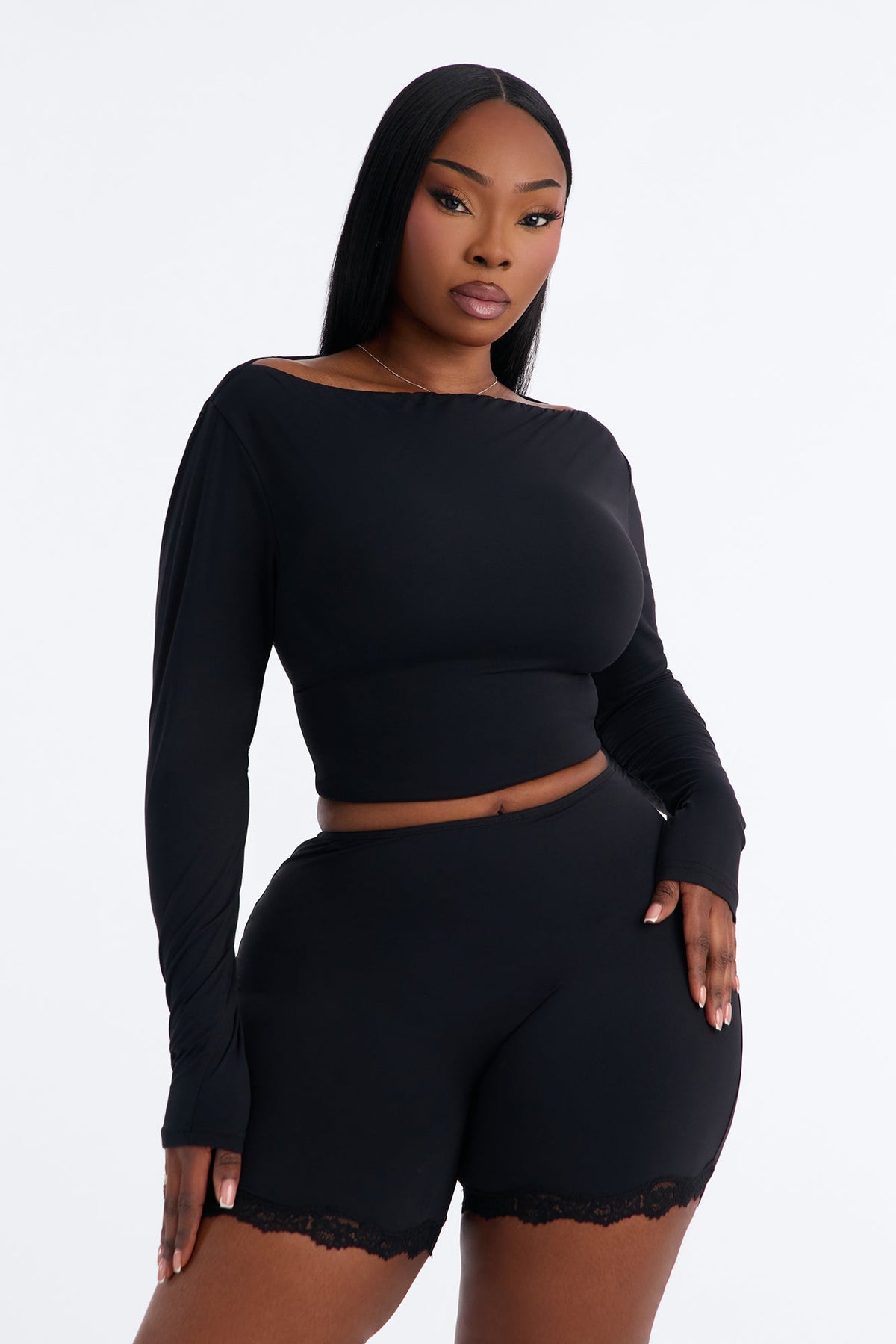 Second Skin Double Lined Boat Neck Long Sleeve Top - Black