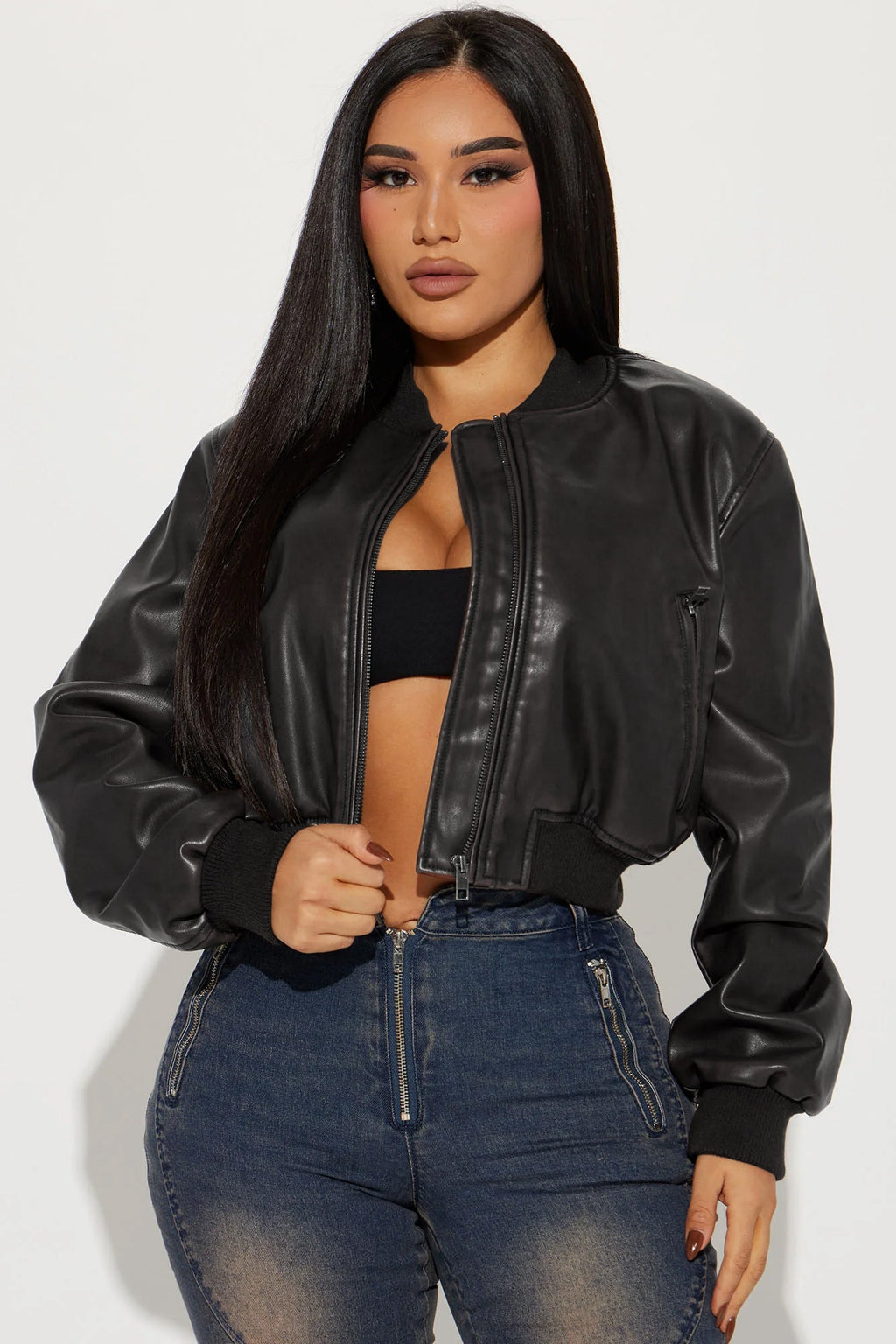 Zoe Washed Faux Leather Bomber Jacket - Black Wash