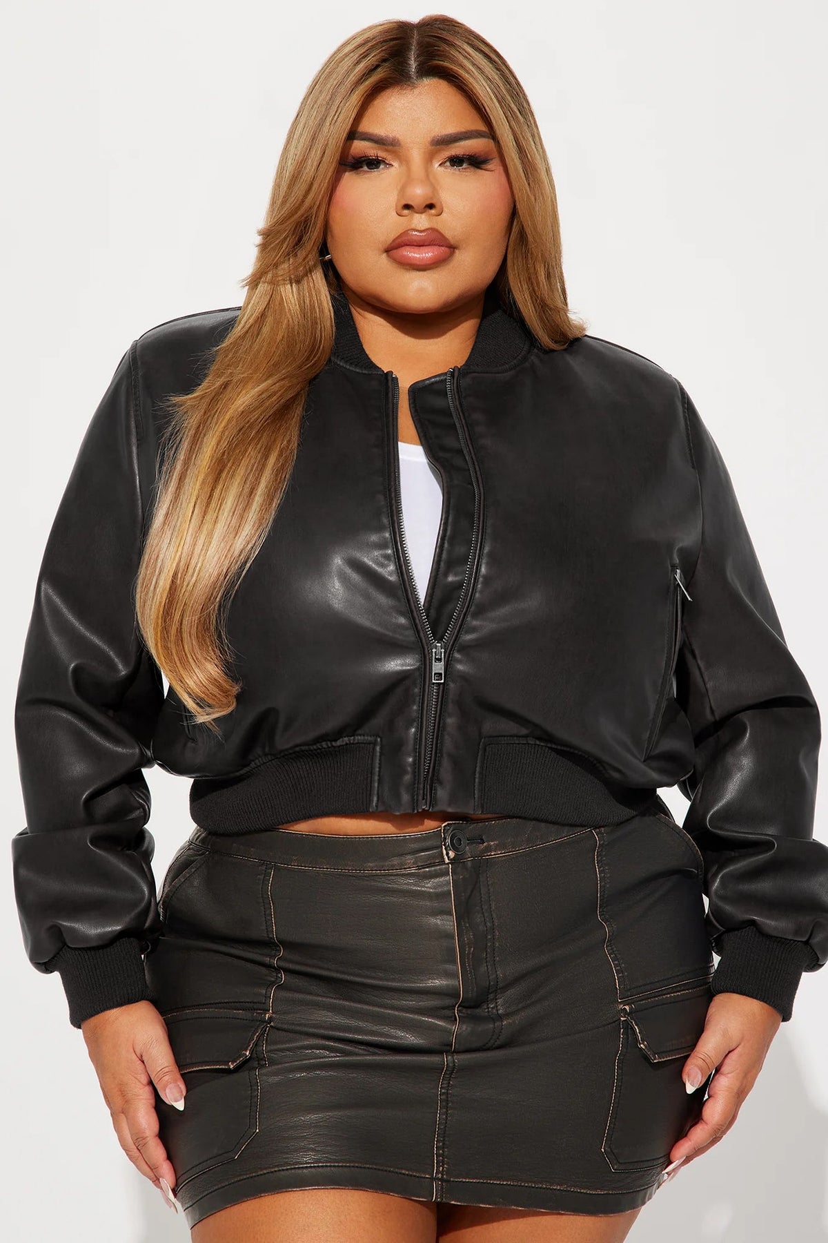 Zoe Washed Faux Leather Bomber Jacket - Black Wash