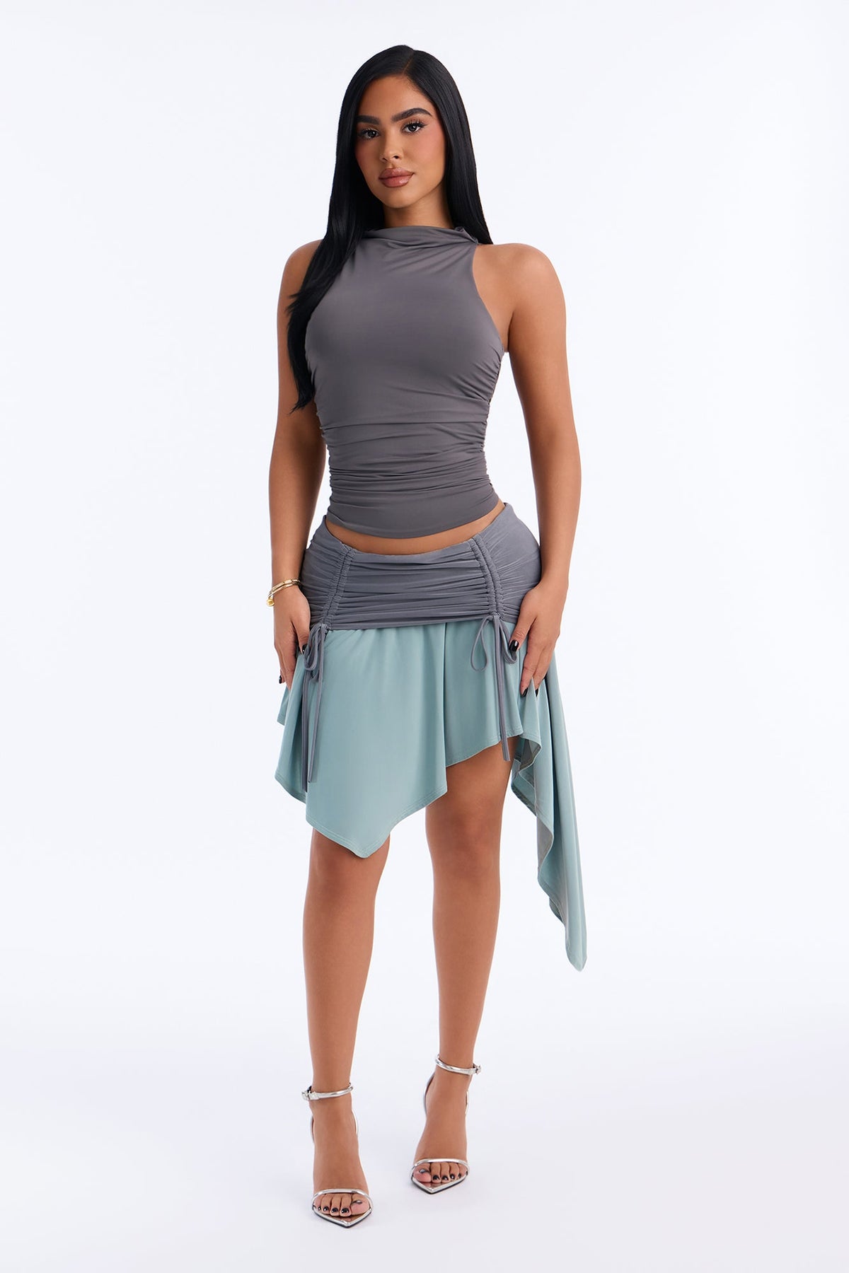 Charlotte Ruched Asymmetrical Handkerchief Mini Skirt - Olive/combo