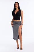 Lyss Low Rise Ruched Slit Midi Skirt - Graphite
