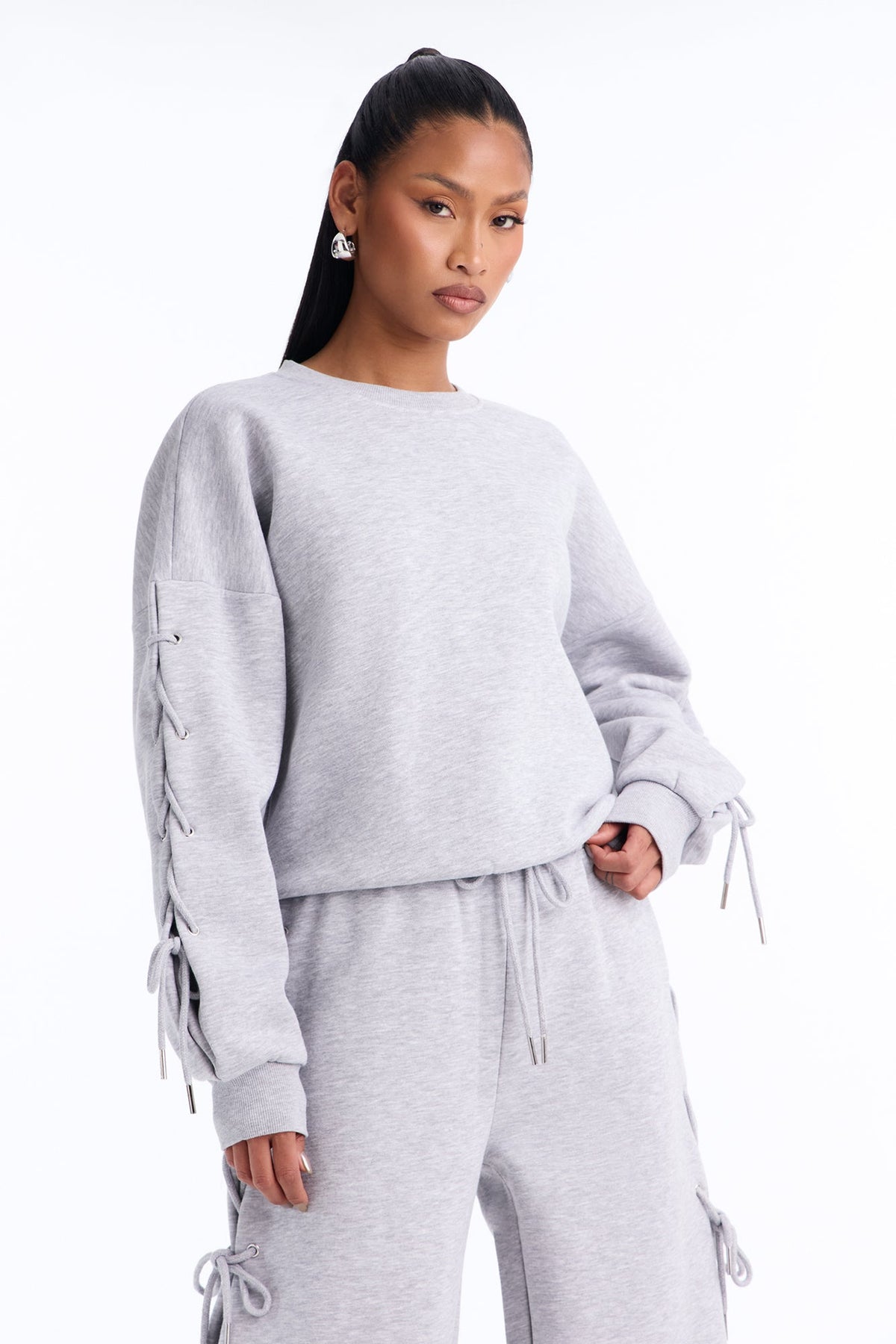 Caro Lace Up Sweatshirt Set - Heather Grey